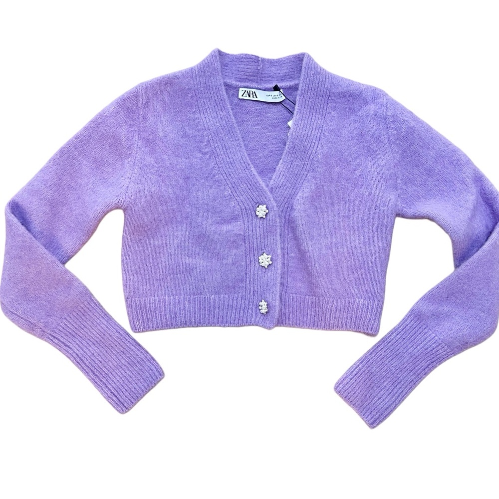 NWT Zara Lilac Purple Alpaca Cropped Long Sleeve Cardigan Sweater - Small - Picture 1 of 7